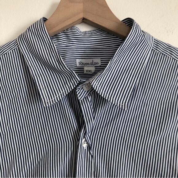 Steven Alan Men's Navy Blue White Stripes Button Up Long Sleeve Dress Shirt - Picture 2 of 9